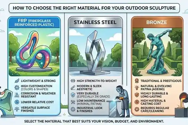 Outdoor Sculpture Materials: FRP vs Stainless Steel vs Bronze