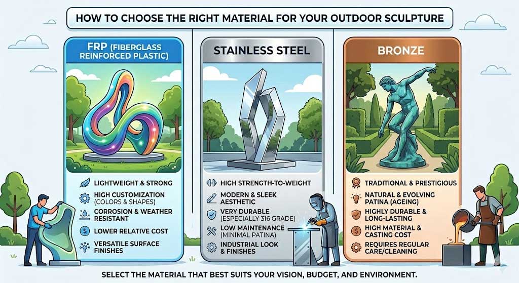 How to Choose the Right Material for Your Outdoor Sculpture: FRP vs Stainless Steel vs Bronze