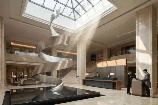 “Ascend Ribbon” — Brushed Stainless Steel Hotel Lobby Sculpture