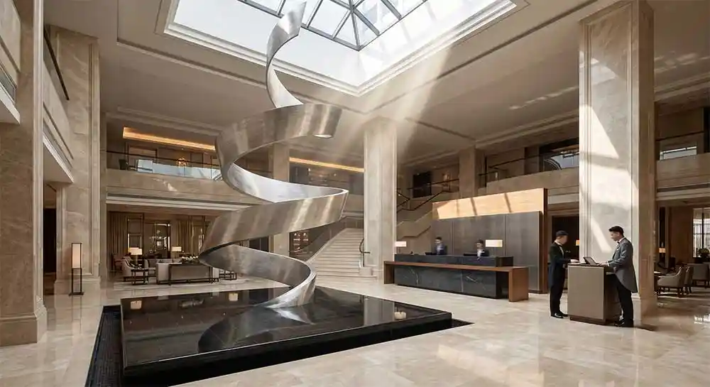 “Ascend Ribbon” — Brushed Stainless Steel Hotel Lobby Sculpture - 1