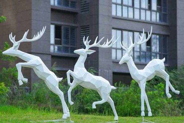 Dynamic Geometric Deer: Fiberglass Meadow Sculpture Installation