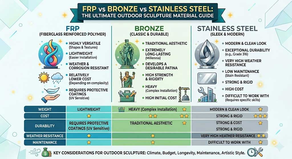 FRP vs Bronze vs Stainless Steel: The Ultimate Outdoor Sculpture Material Guide