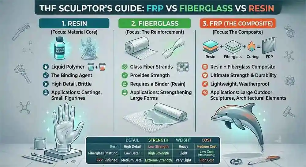 FRP vs Fiberglass vs Resin for Sculptures: Complete Material Comparison Guide