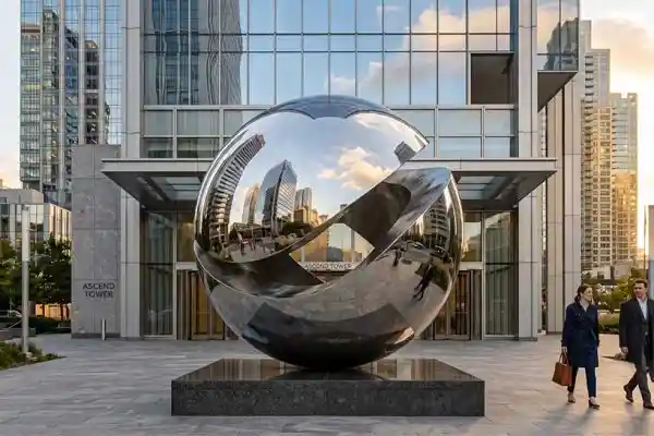 “Orbital Flow” — Mirror-Polished Stainless Steel Globe Sculpture