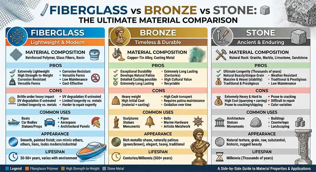 Fiberglass vs Bronze vs Stone: The Ultimate Material Comparison Guide