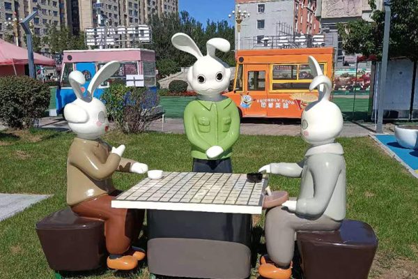 Elegant Garden Rabbits — Hand-Painted FRP Animal Sculpture Set for Botanical Garden