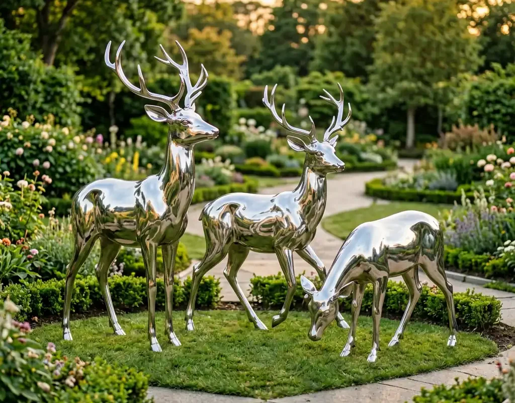 “Garden Deer Family” — Mirror-Polished Stainless Steel Wildlife Sculpture - 1