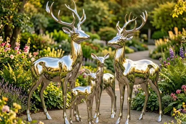 “Garden Deer Family” — Mirror-Polished Stainless Steel Wildlife Sculpture