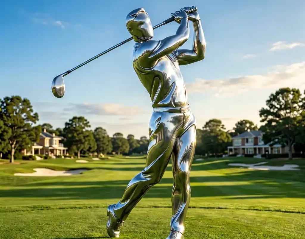 “The Perfect Swing” — Mirror-Polished Stainless Steel Golfer Sculpture - 1