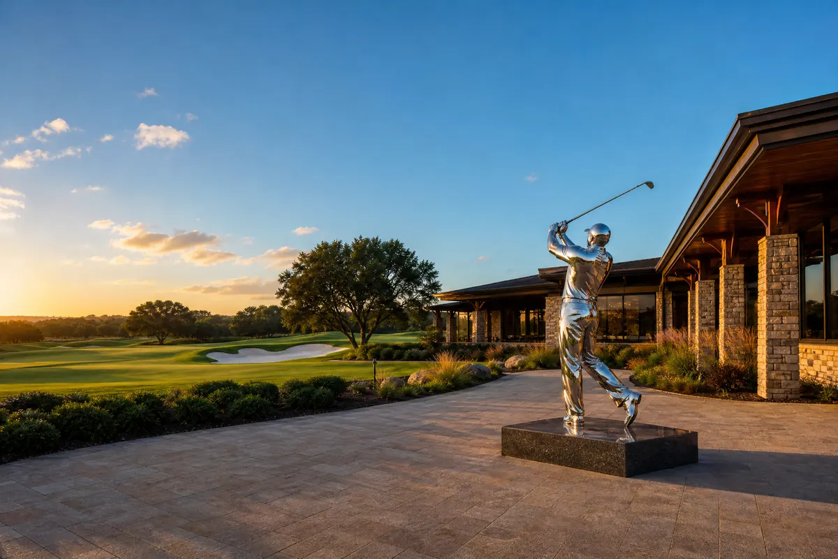 Mirror-polished stainless steel golfer sculpture at the finish of a swing on a granite plinth at a championship golf resort clubhouse entrance