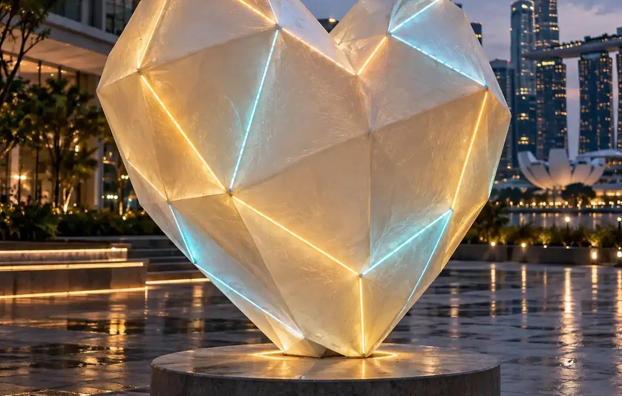 Interactive LED FRP public art sculpture glowing at dusk in a Singapore cultural plaza