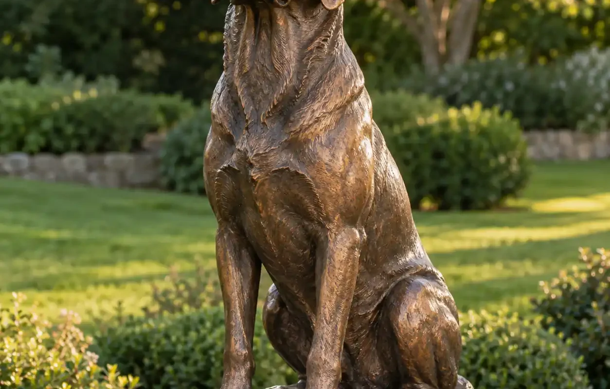 Custom bronze pet memorial statue of a dog in a family garden in soft afternoon light