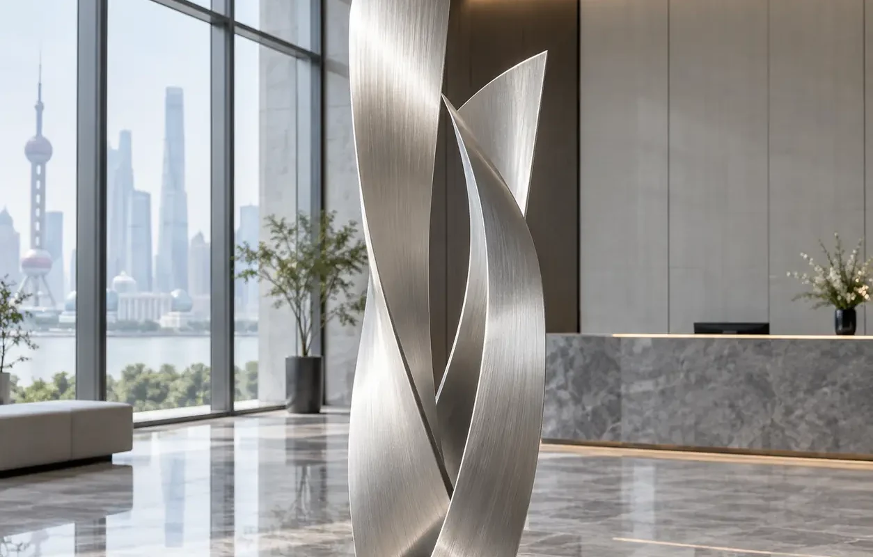 Brushed stainless steel abstract corporate sculpture in a minimalist office lobby
