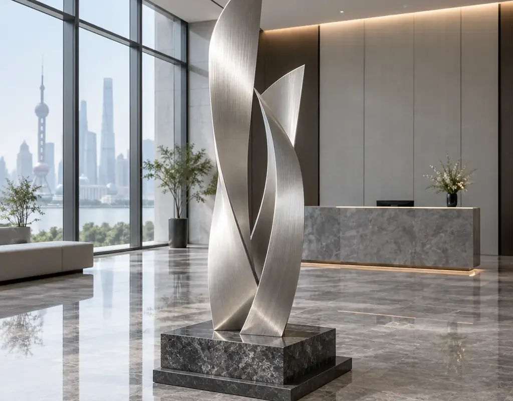 Meridian Apex: Brushed Steel Corporate Lobby Sculpture - 3