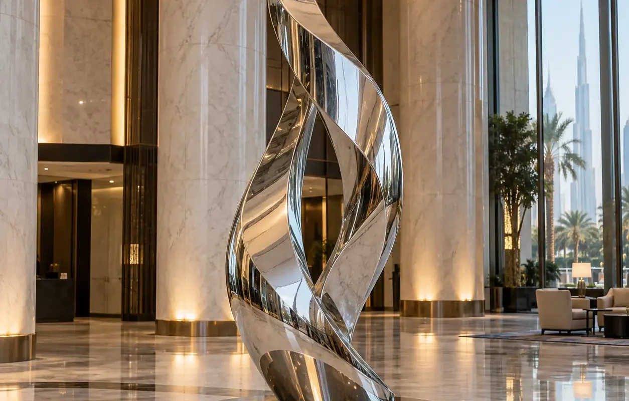 Mirror-polished stainless steel hotel entrance sculpture in a luxury atrium