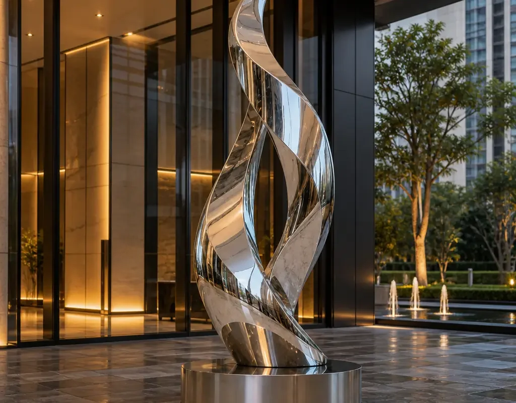 Liquid Mirror Gate: Mirror-Steel Hotel Entrance Sculpture - 3