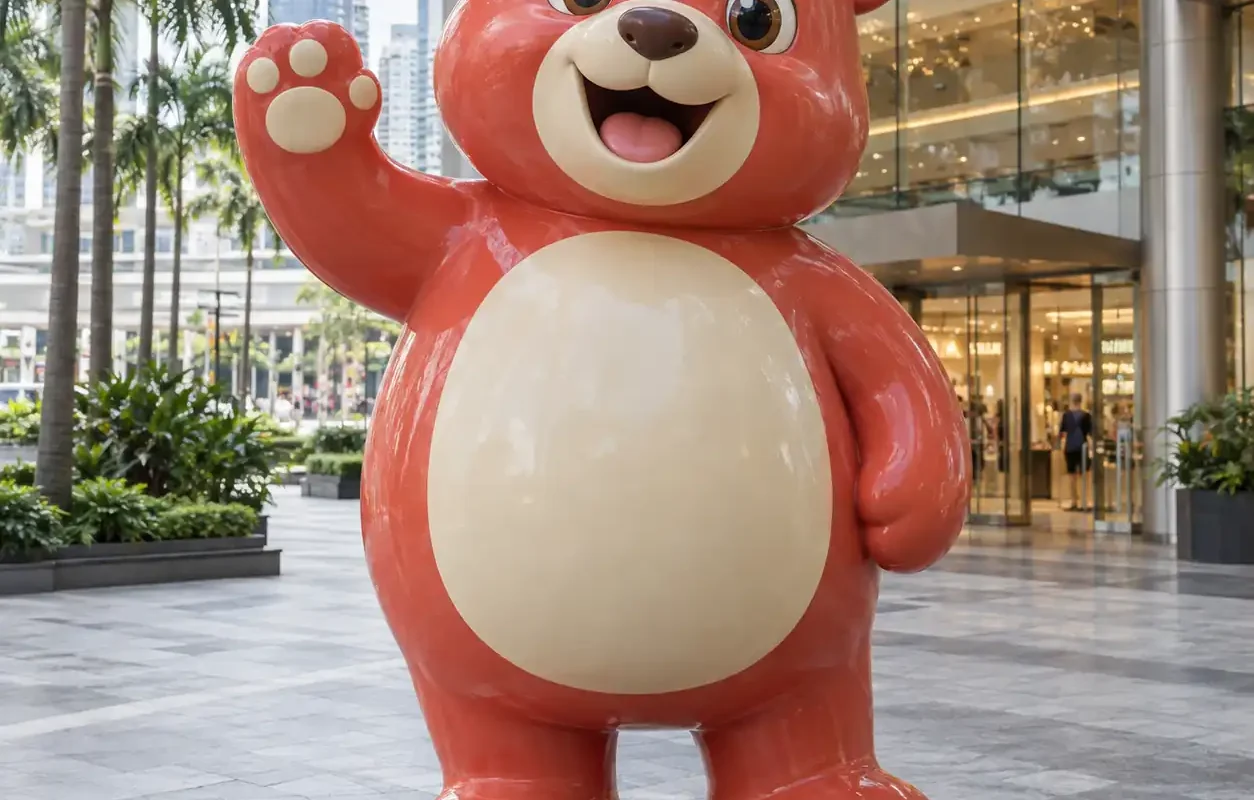 Giant coral-red FRP bear mascot sculpture at a shopping mall entrance in Kuala Lumpur