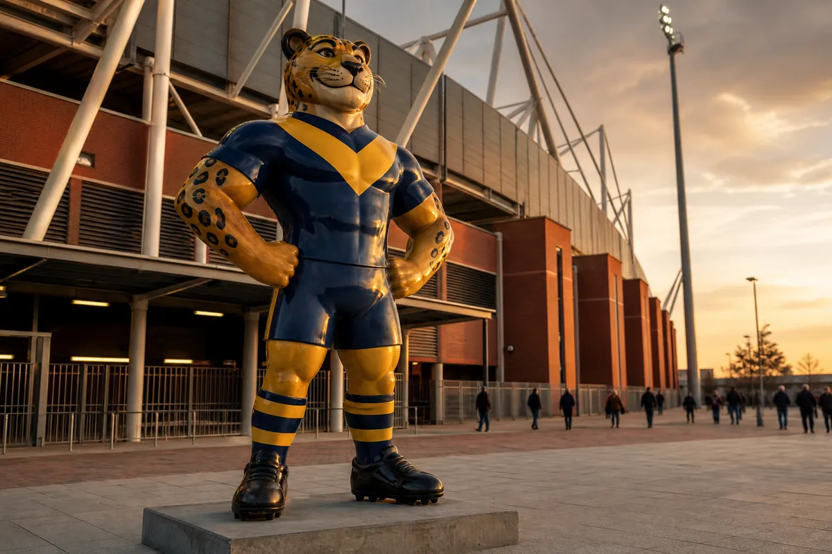 Five-metre fibreglass big-cat sports mascot statue in team colours on the concourse plaza outside a stadium