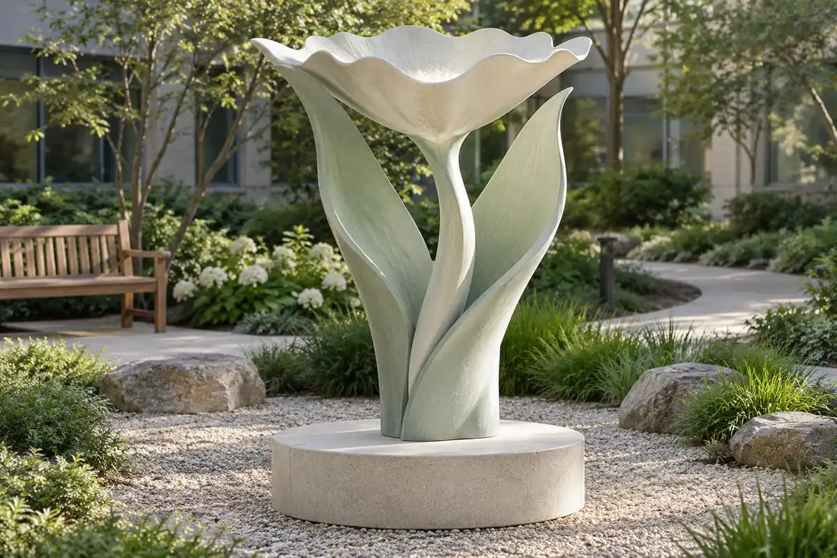 Fiberglass healing garden sculpture with soft leaf forms in a hospital courtyard