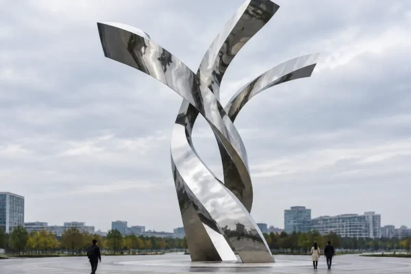 Monumental mirror-polished stainless steel public sculpture in a city plaza shown at human scale